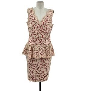 Tadashi Shoji Lace Peplum Sheath Beige Cream Red Sleeveless Size‎ 14